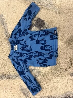 Patagonia Light Blue Fleece Pullover with Navy Penguin Print